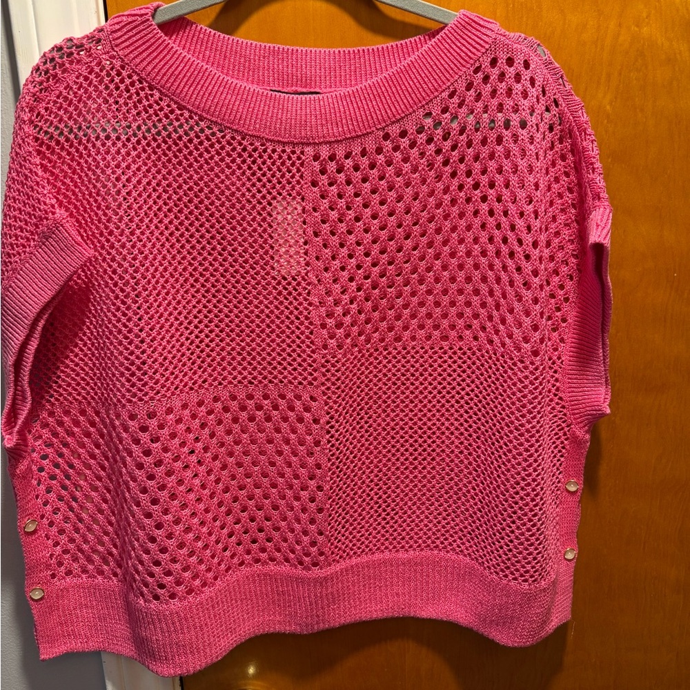Talbots Open-Weave Scoop Neck Sweater in Bright Pink